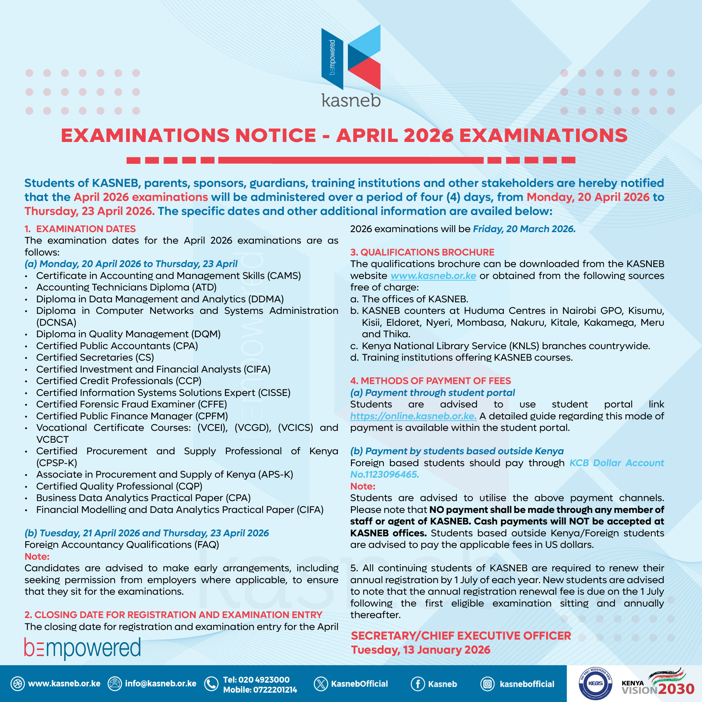 April 2026 Examinations Notice