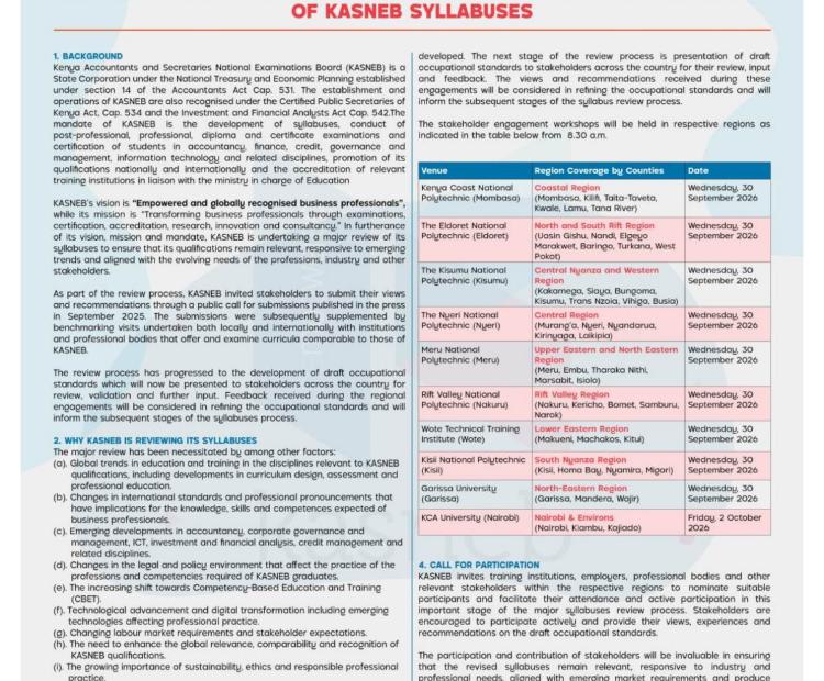 Regional stakeholders’ engagement workshops on the review of KASNEB syllabuses notice